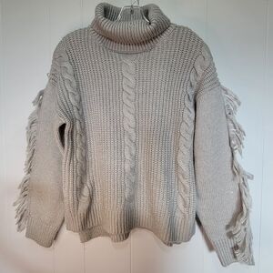 Gray Cable Knit Turtleneck Cowlneck Sweater  With Fringe Sleeves 🐔